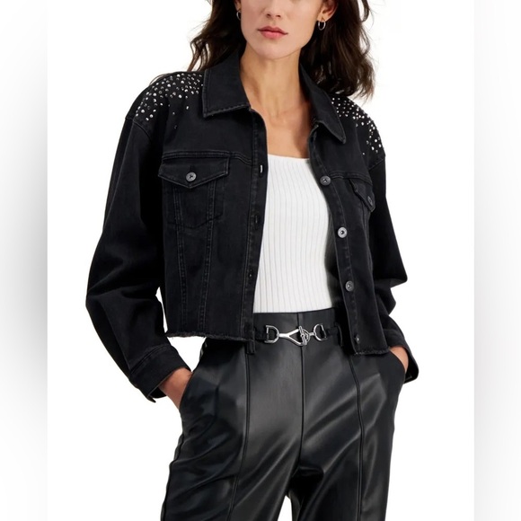 I.n.c. International Concepts Women's Embellished Denim Trucker Jacket - Picture 1 of 7